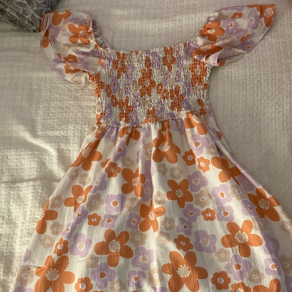 Lizard Thicket White and Orange Smocked Off-the-Shoulder Sundress